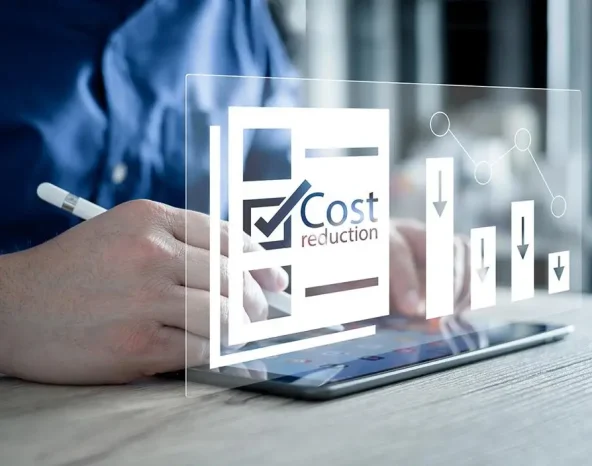 Cost reduction Concept. Businessman with his hand lowers the arrow of the graph. Cost text with a down arrow. budget, Cost Management. cut, lower.