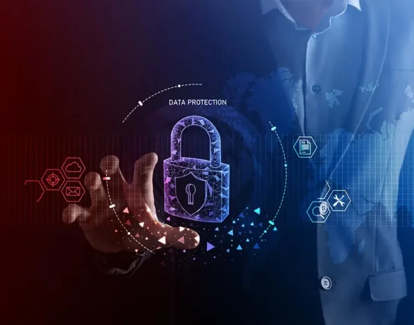 Cyber security network. Padlock icon and internet technology networking. Businessman protecting data personal information on tablet and virtual interface. Data protection privacy concept. GDPR. EU.